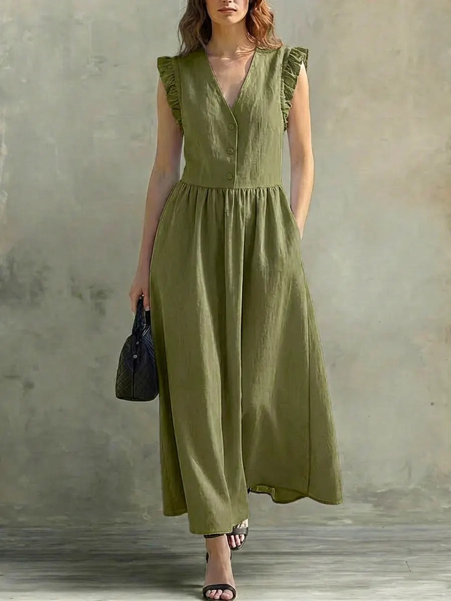Women's Linen Maxi Dress V-Neck Ruffle Sleeve A-Line Sun Dress