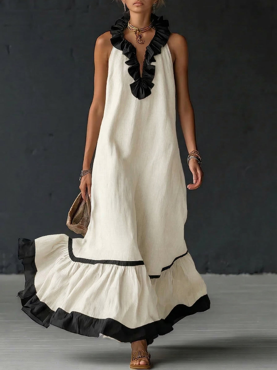 Women's Linen Ruffle Maxi Dress Sleeveless V-Neck Tiered Sundress