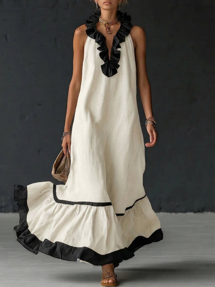Women's Linen Ruffle Maxi Dress Sleeveless V-Neck Tiered Sundress