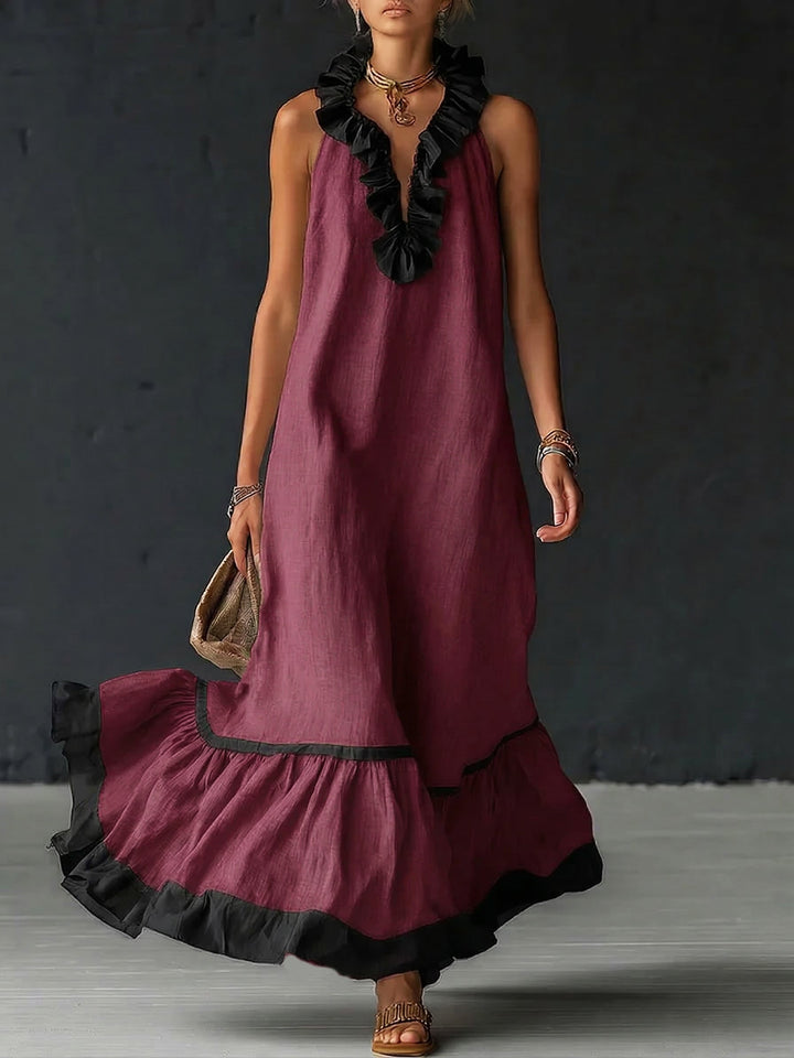 Women's Linen Ruffle Maxi Dress Sleeveless V-Neck Tiered Sundress