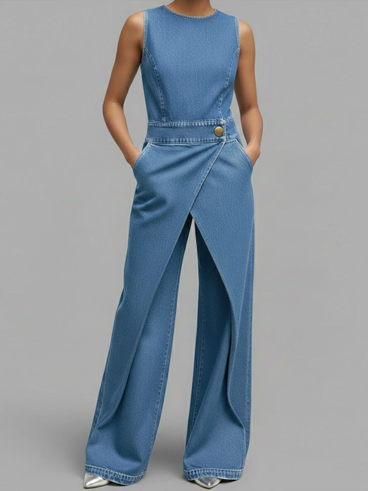 Women's Denim Wide Leg Jumpsuit Sleeveless Romper One Piece Outfit