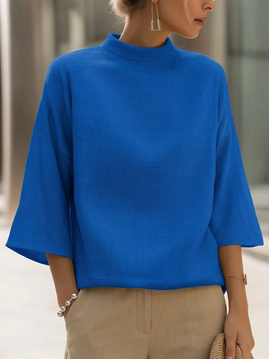 Women's Linen Blend Mock-Neck 3/4 Sleeve Top