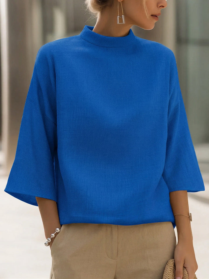 Women's Linen Blend Mock-Neck 3/4 Sleeve Top