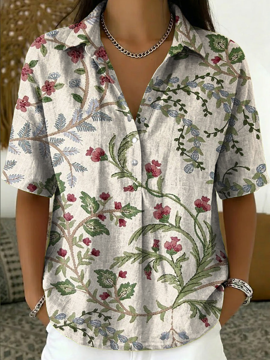 Women Linen Shirt Floral Print Short Sleeve V Neck Blouse