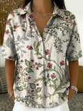 Women Linen Shirt Floral Print Short Sleeve V Neck Blouse