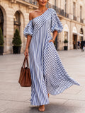 Women's One Shoulder Striped Knit Maxi Dress Puff Sleeve