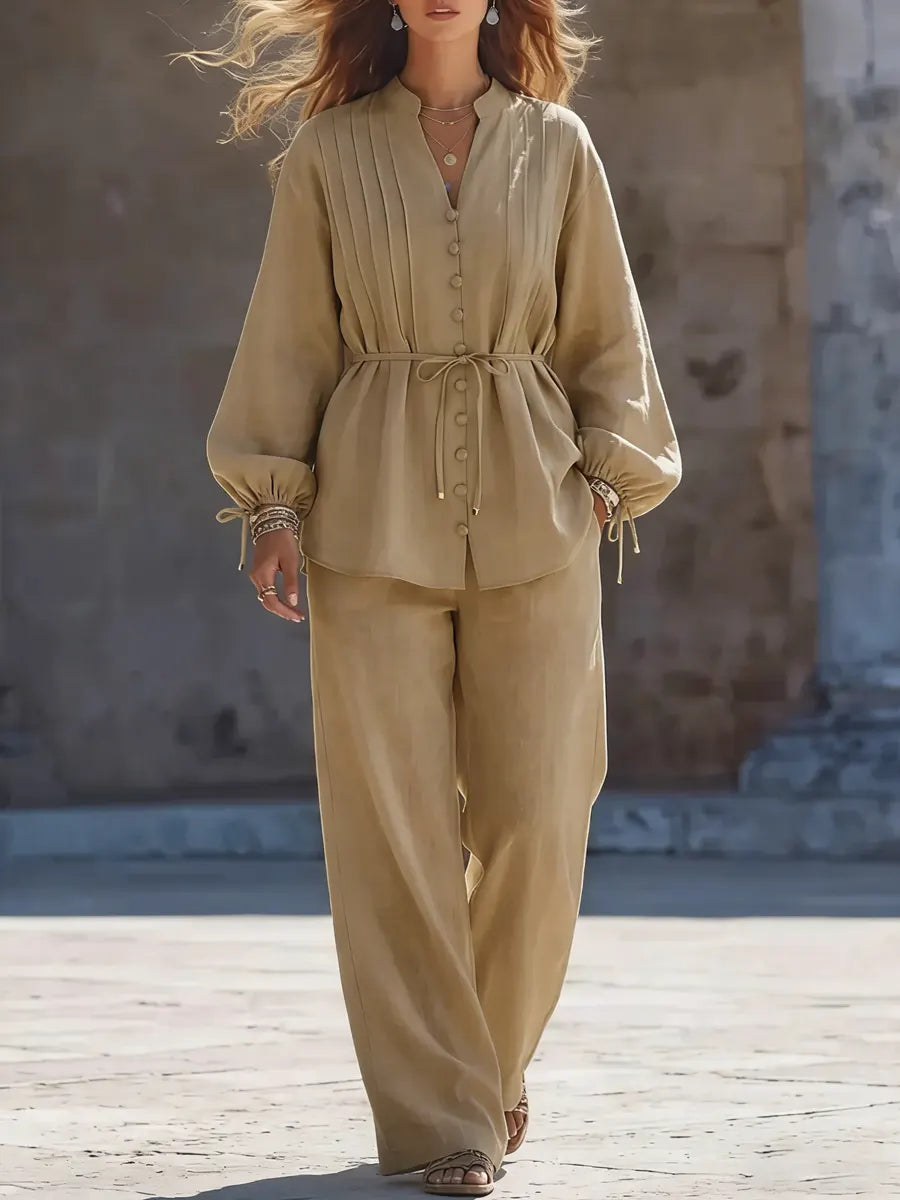 Women's Linen Two Piece Set High Waist Wide Leg Trousers and V Neck Tunic Top
