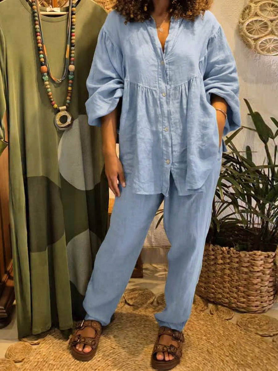 Women's Linen Two Piece Set Oversized Shirt and Trousers Co-ord