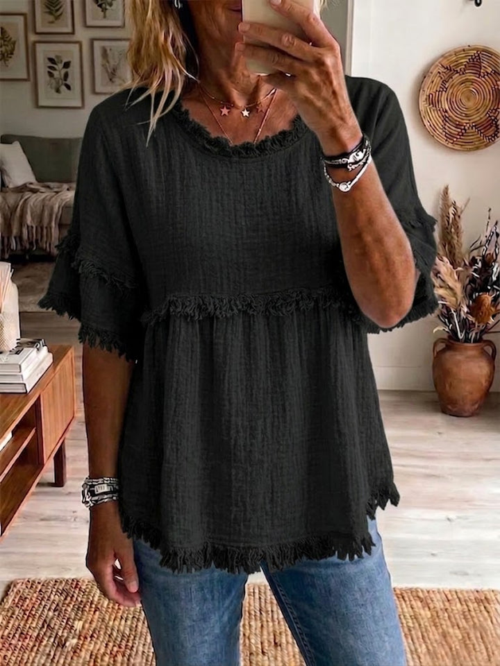 Women's Linen Blouse Ruffle Fringe Short Sleeve Flowy Top