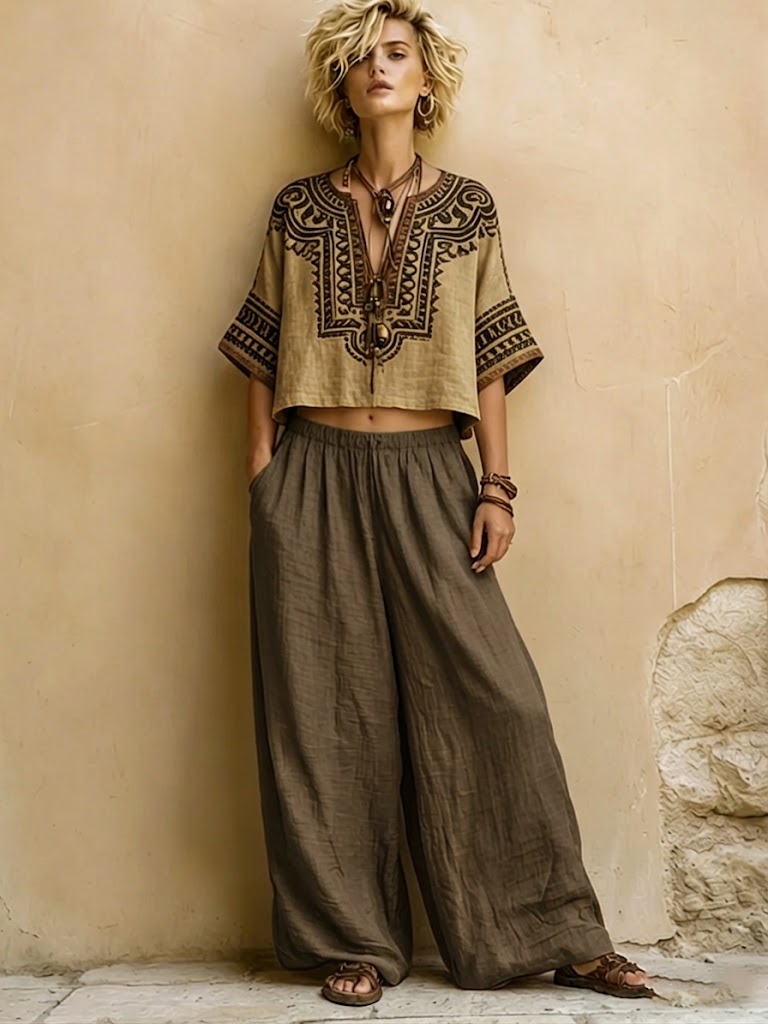 Linen Women's Boho Embroidered V-Neck Crop Top and Wide Leg Trousers Set