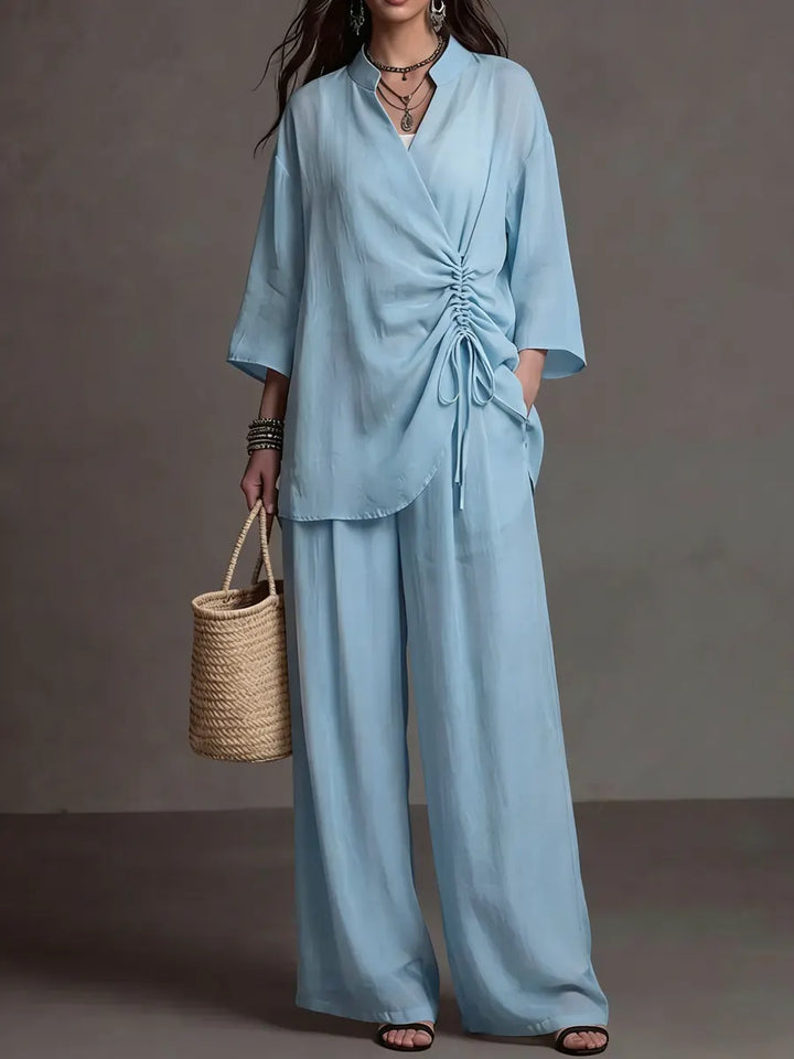 Women's Linen Two Piece Set V-Neck Tunic and Wide Leg Trousers Co-ord