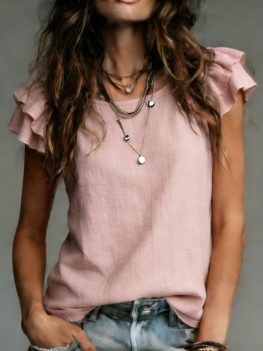 Women's Ruffle Sleeve Linen Blouse Casual Lightweight Top