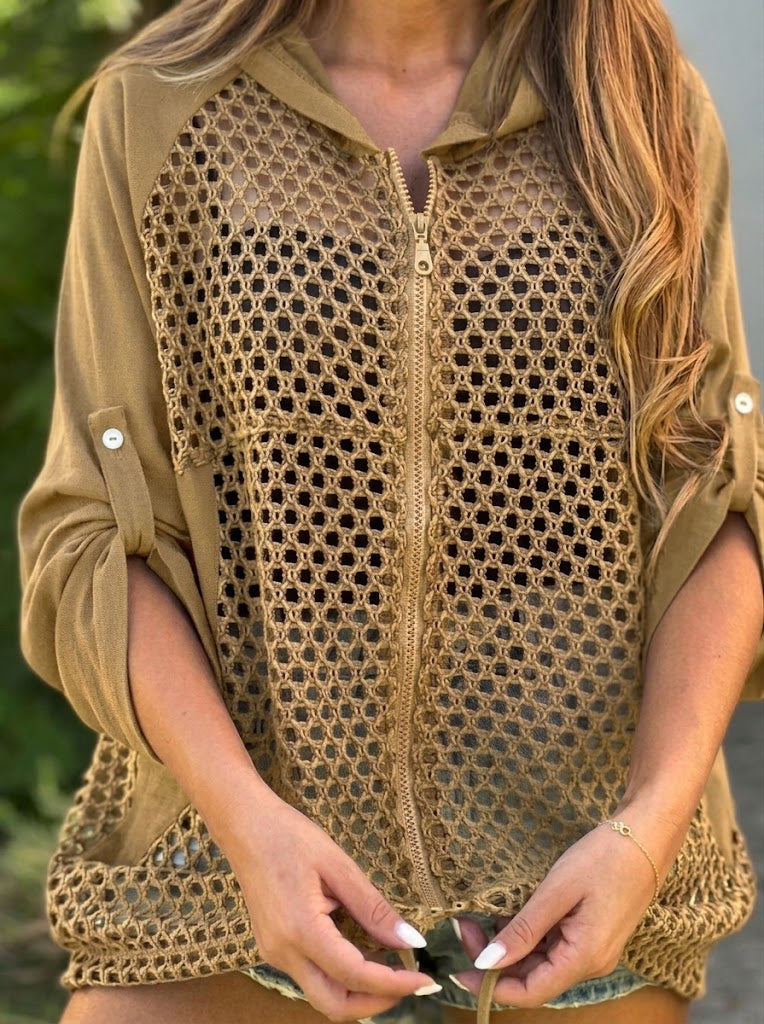 Women's Knit Crochet Zip Up Hooded Beach Cover Up Jacket