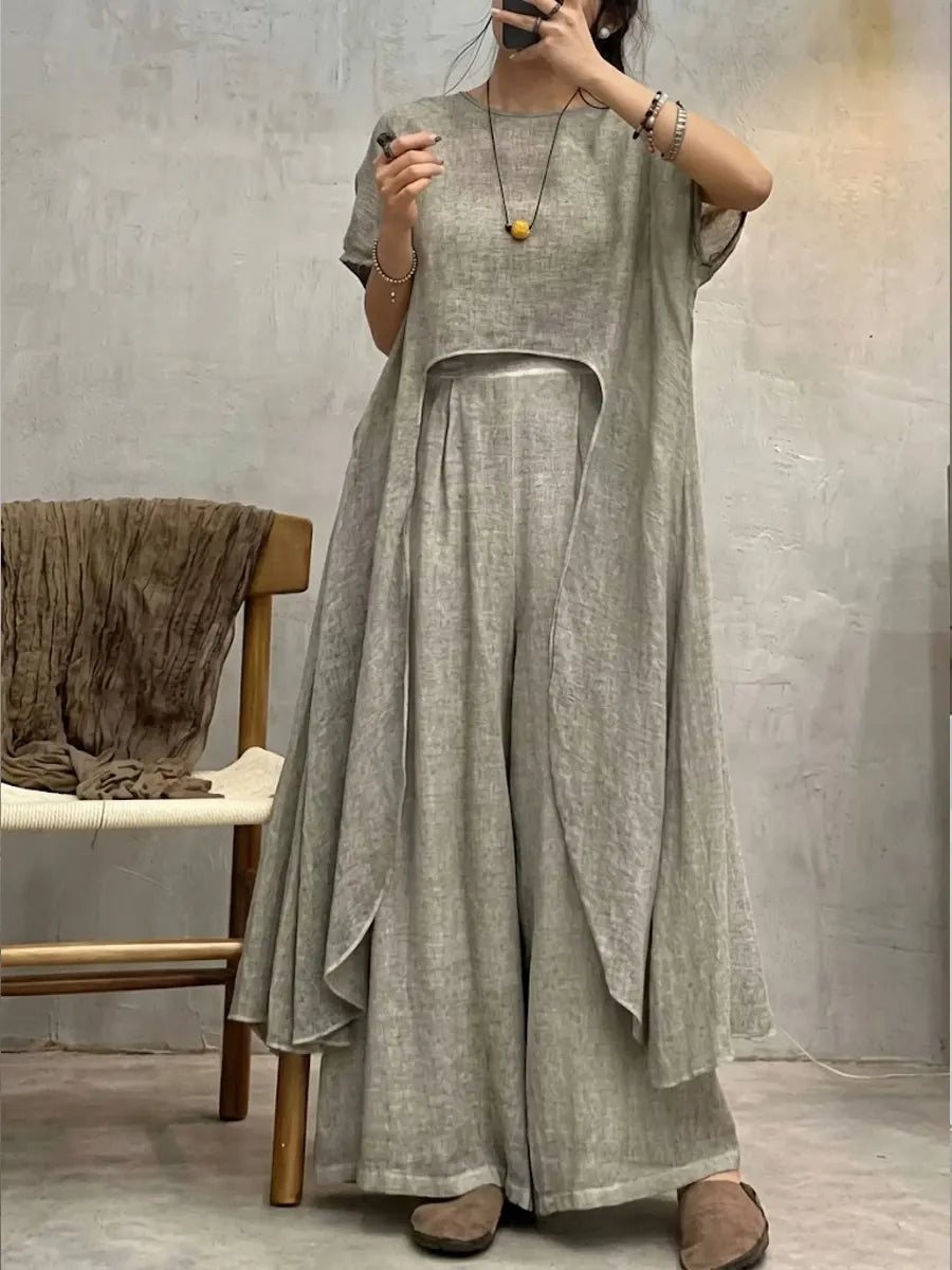Women's Linen Wide Leg Trousers and Layered Top Set