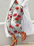Women's Linen Wide Leg Poppy Print Trousers Pants