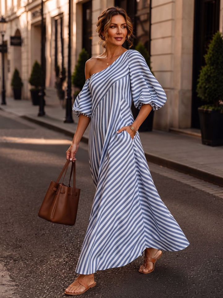 Women's One Shoulder Striped Knit Maxi Dress Puff Sleeve