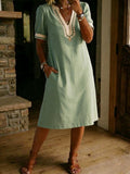 Linen Dress for Women V Neck Casual Midi Shift Dress