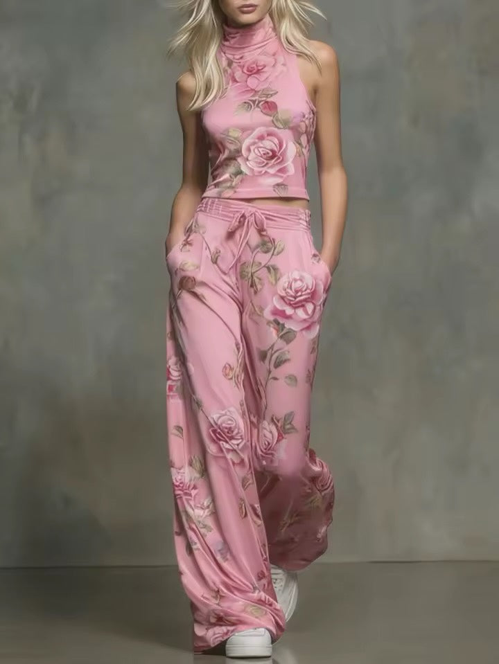 Women's Floral Sleeveless Turtleneck and Wide Leg Fleece Lounge Set