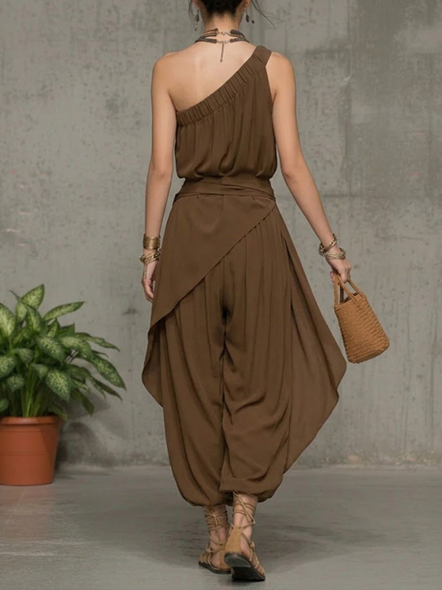 Women's One Shoulder Linen Jumpsuit Harem Wide Leg Romper