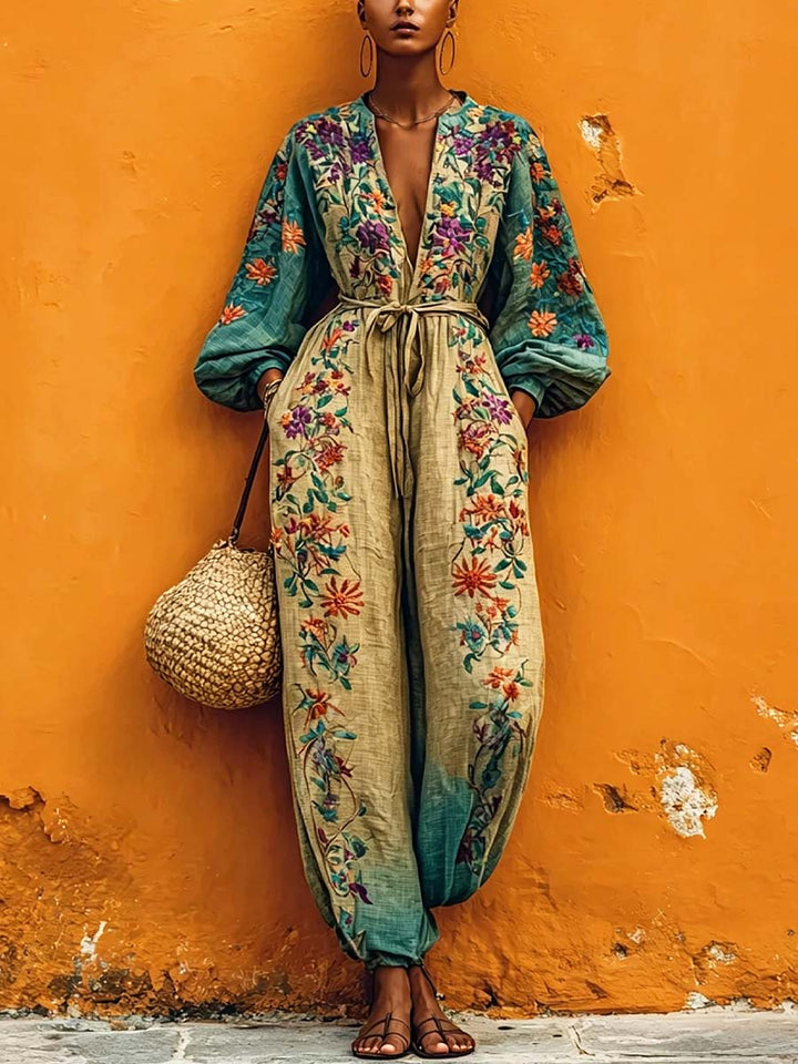Women's Floral Linen Long Sleeve V-Neck Wide Leg Harem Jumpsuit