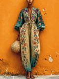 Women's Floral Linen Long Sleeve V-Neck Wide Leg Harem Jumpsuit