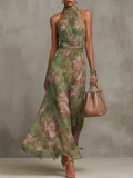 Women's Floral Halter Neck Silk Maxi Dress