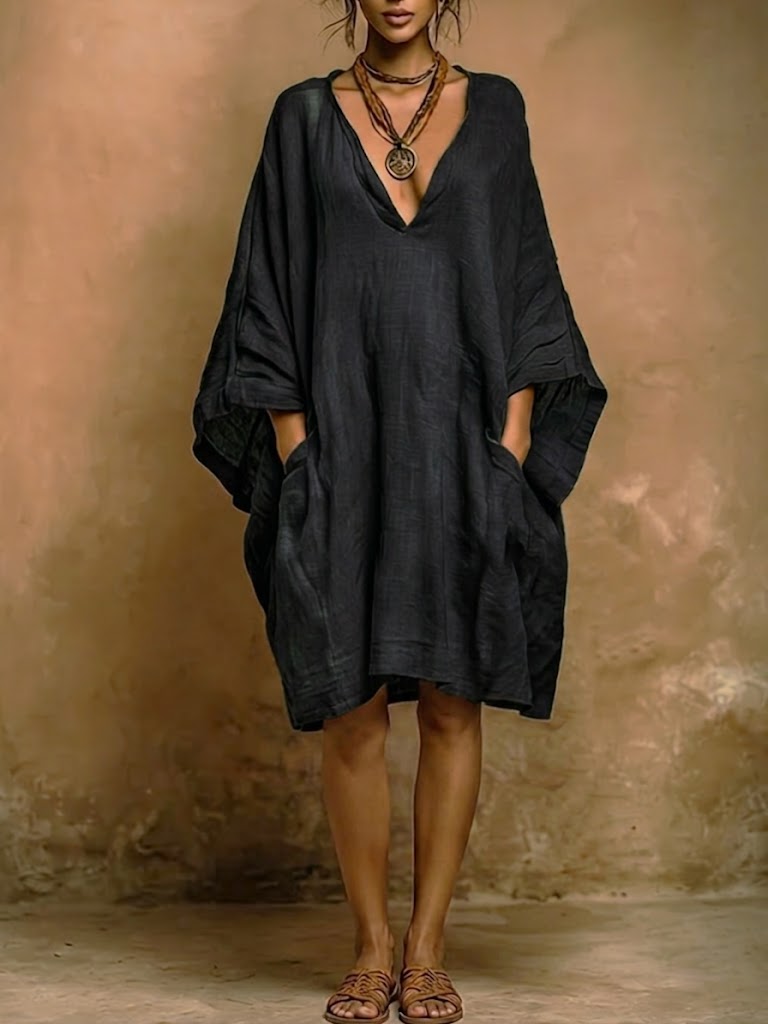 Women's Linen Kaftan Dress Loose Fit Tunic Boho Style