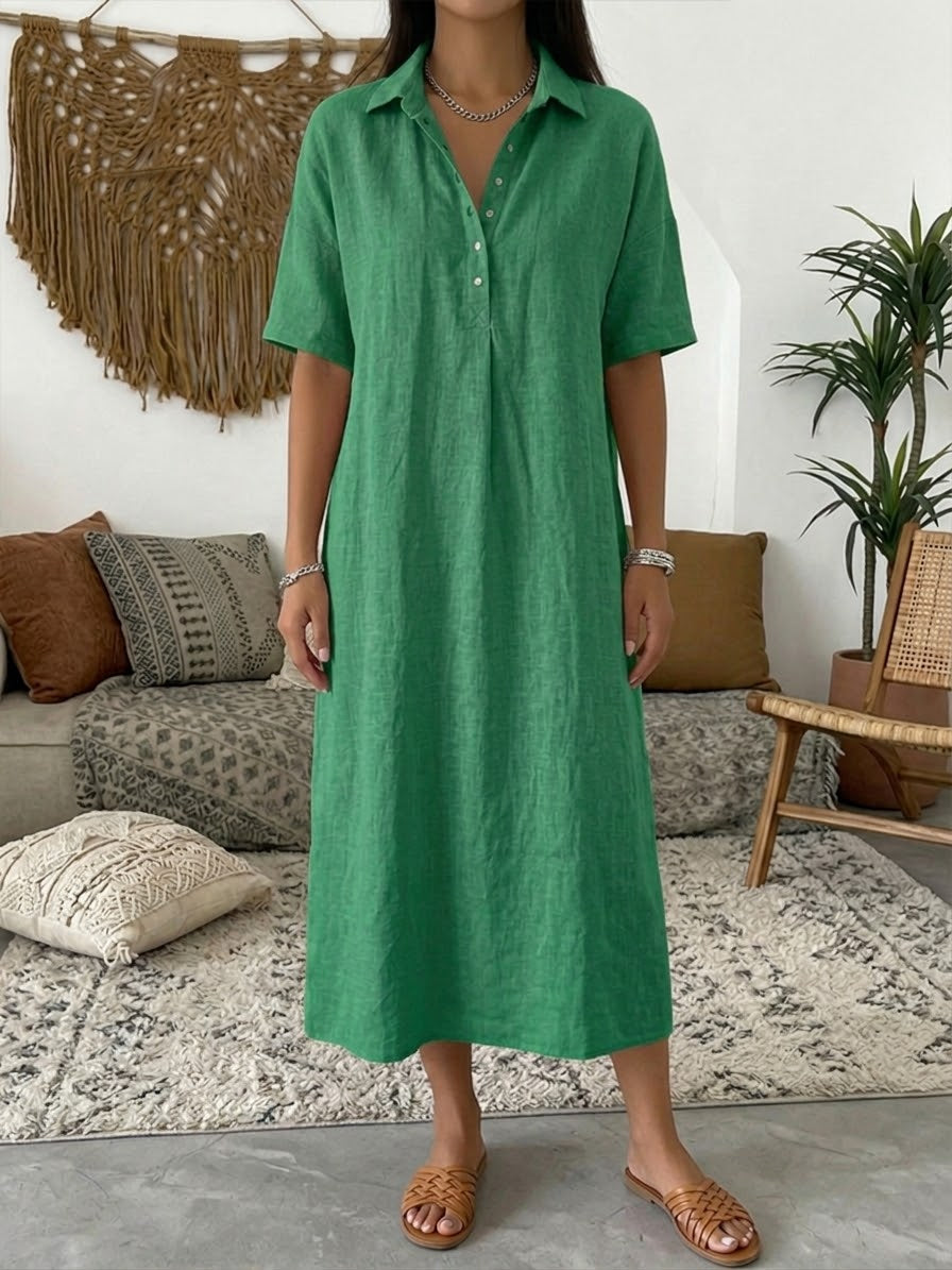 Women's Linen Collared Button Maxi Shirt Dress