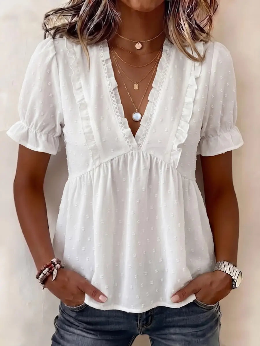 Women's Chiffon Blouse V Neck Short Sleeve Peplum Top