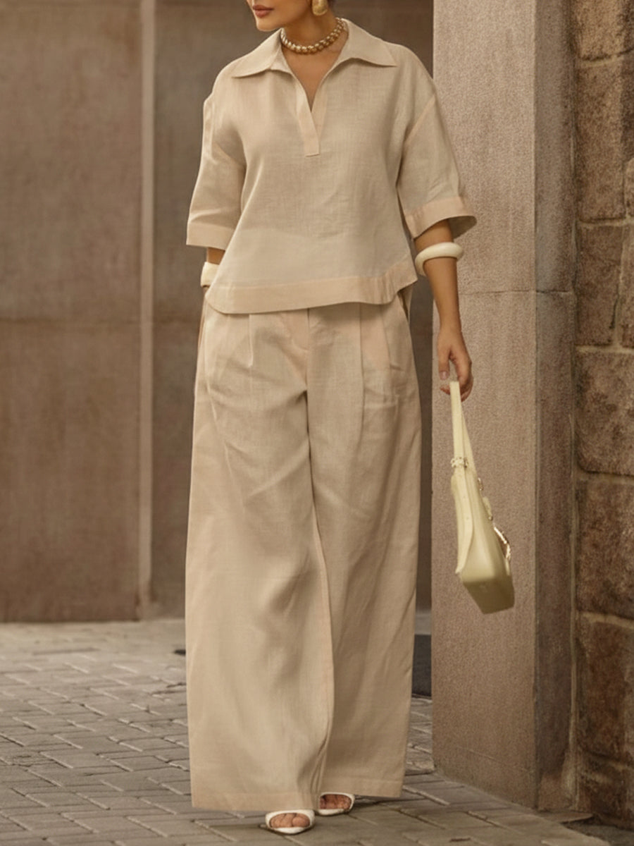 Women's Linen Two Piece Set Wide Leg Trousers and V Neck Top Lounge Wear