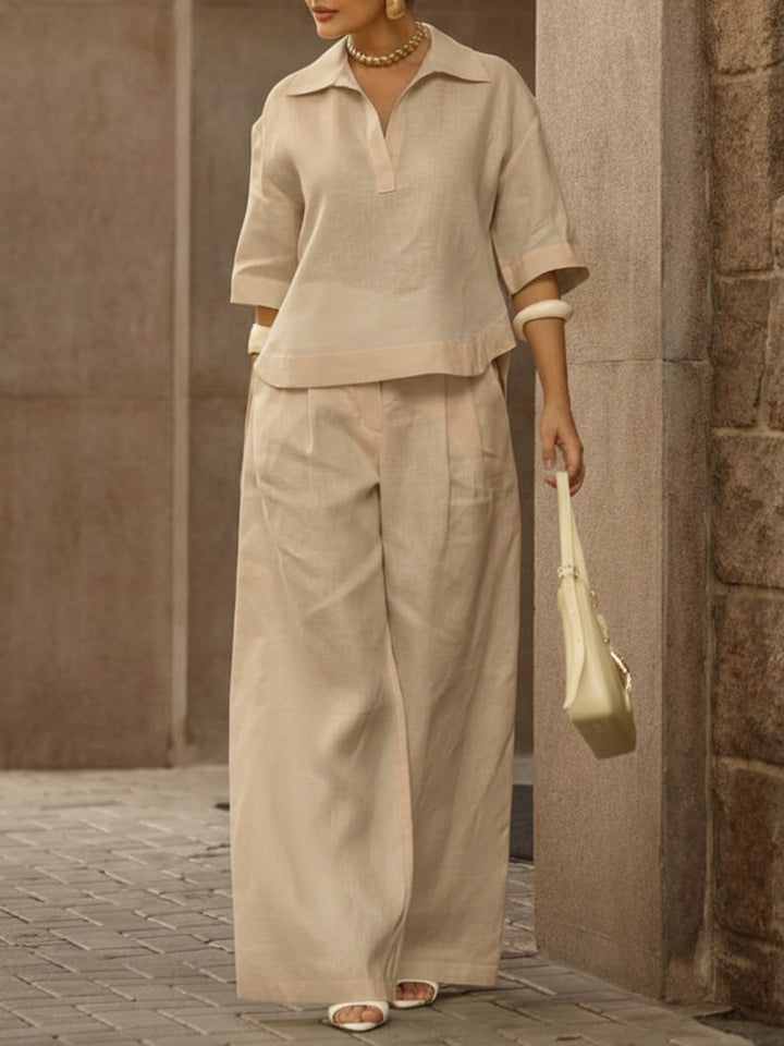 Women's Linen Two Piece Set Wide Leg Trousers and V Neck Top Lounge Wear