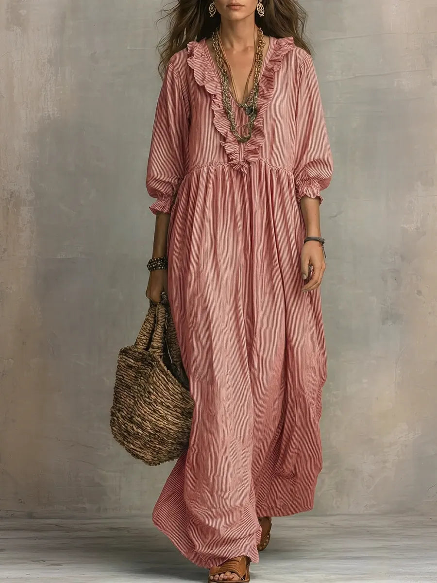 Linen Maxi Dress Women V Neck Boho Long Sleeve Kaftan Gown