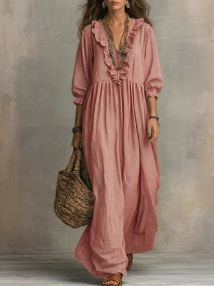 Linen Maxi Dress Women V Neck Boho Long Sleeve Kaftan Gown