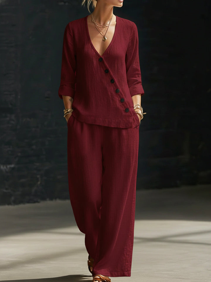 Women's Linen Two Piece Set V-Neck Trousers Co-ord Wide Leg Pantsuit