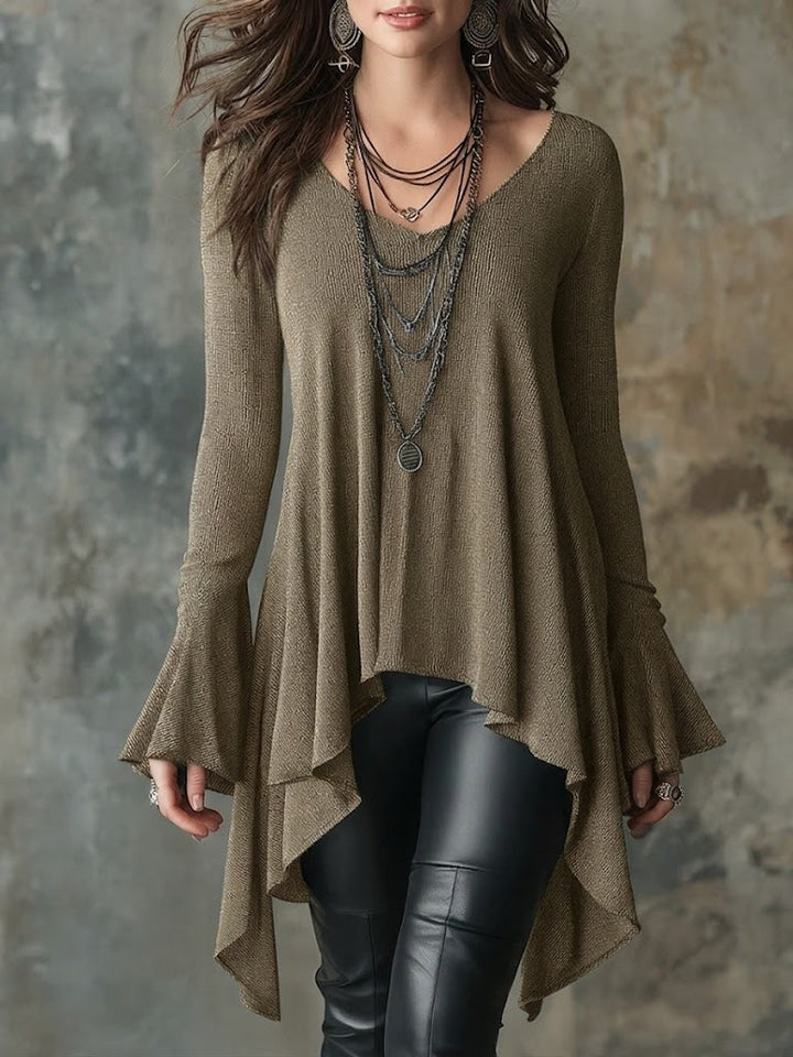 Women's Knit V-Neck Bell Sleeve Tunic Top