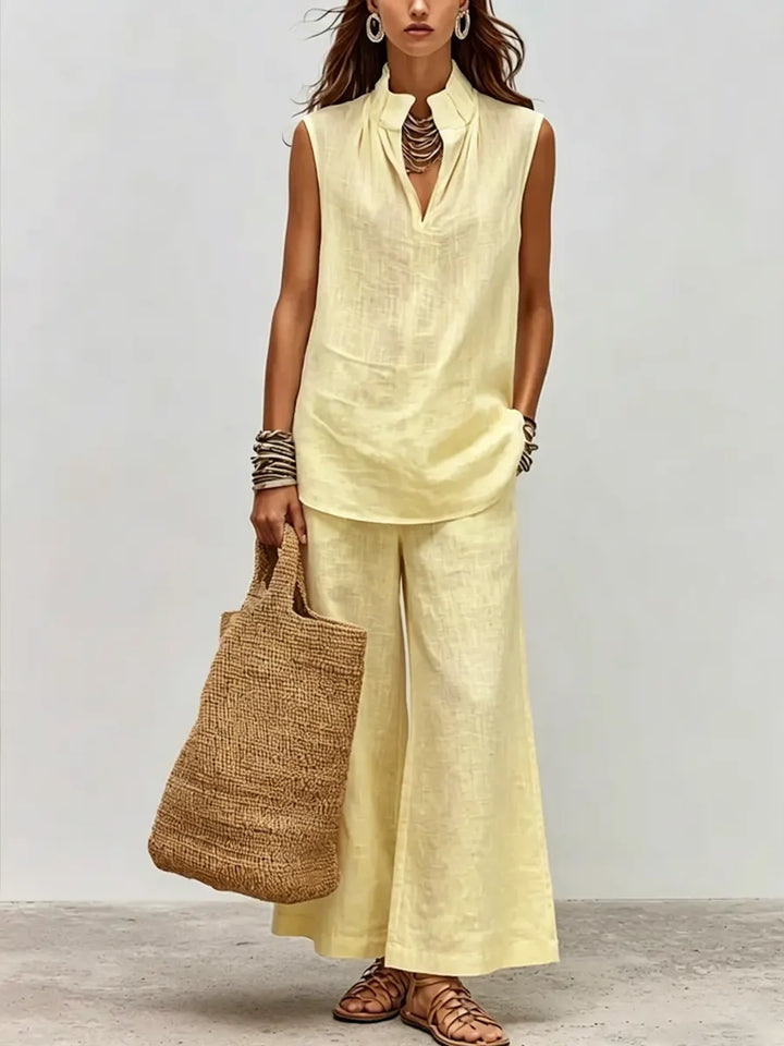 Women's Linen Sleeveless V-Neck Top & Wide Leg Pants Two Piece Set