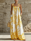Women's Linen Floral Square-Neck Sleeveless Maxi Dress