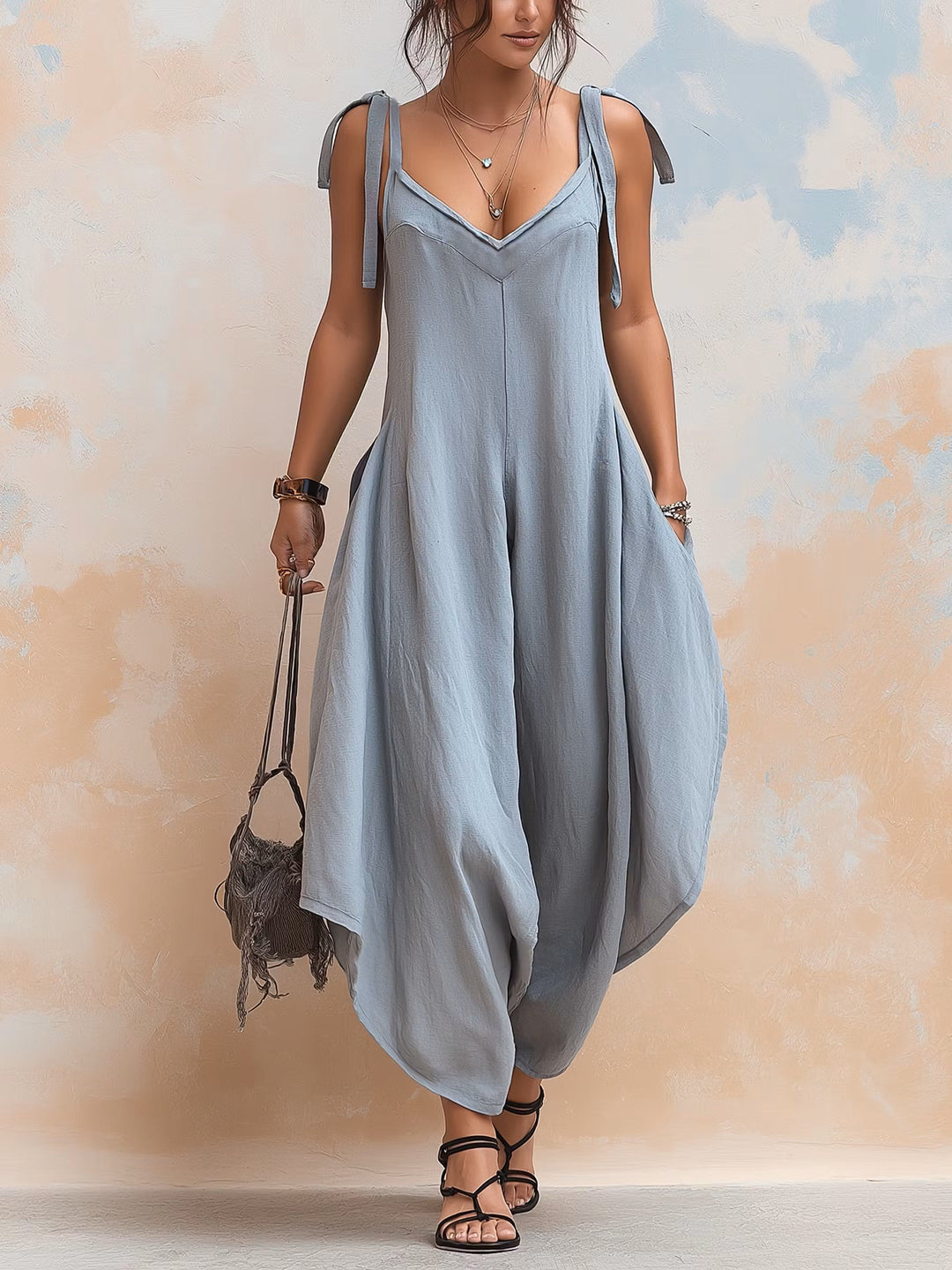 Women's Linen Wide Leg Jumpsuit Strappy V-Neck Harem Style