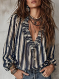 Women's Linen Striped V-Neck Blouse Long Sleeve Boho Top