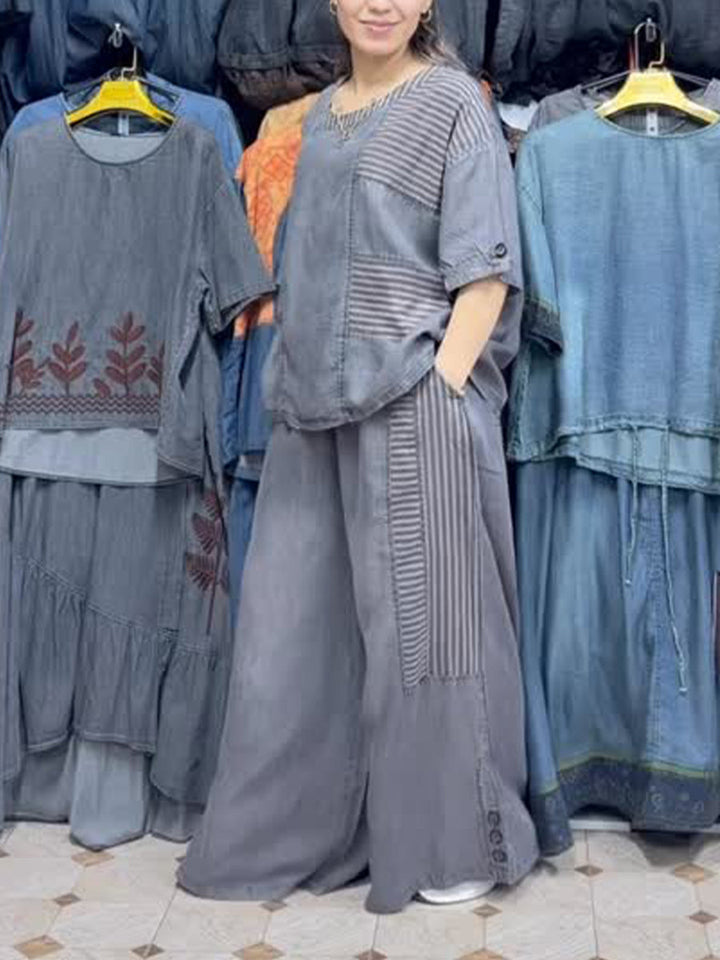 Women's Linen Two Piece Set Wide Leg Trousers and Short Sleeve Top