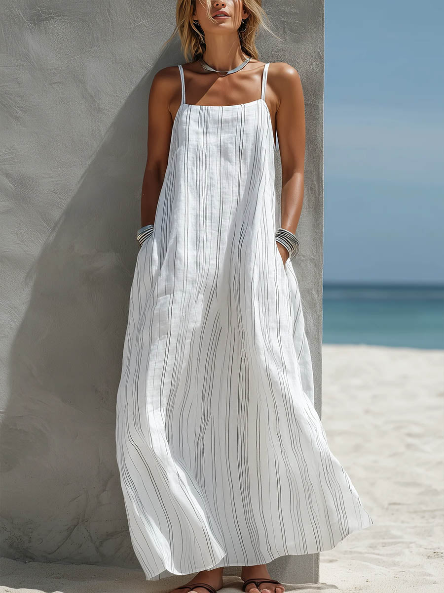 Women's Linen Maxi Dress Loose Fit Sleeveless Beach Sundress