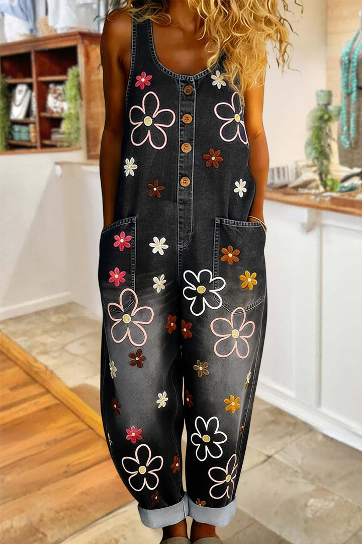 Women's Denim Floral Dungarees Jumpsuit Romper Overalls
