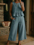 Women's Linen Two Piece Sleeveless Ruffle Top and Wide Leg Pant Set