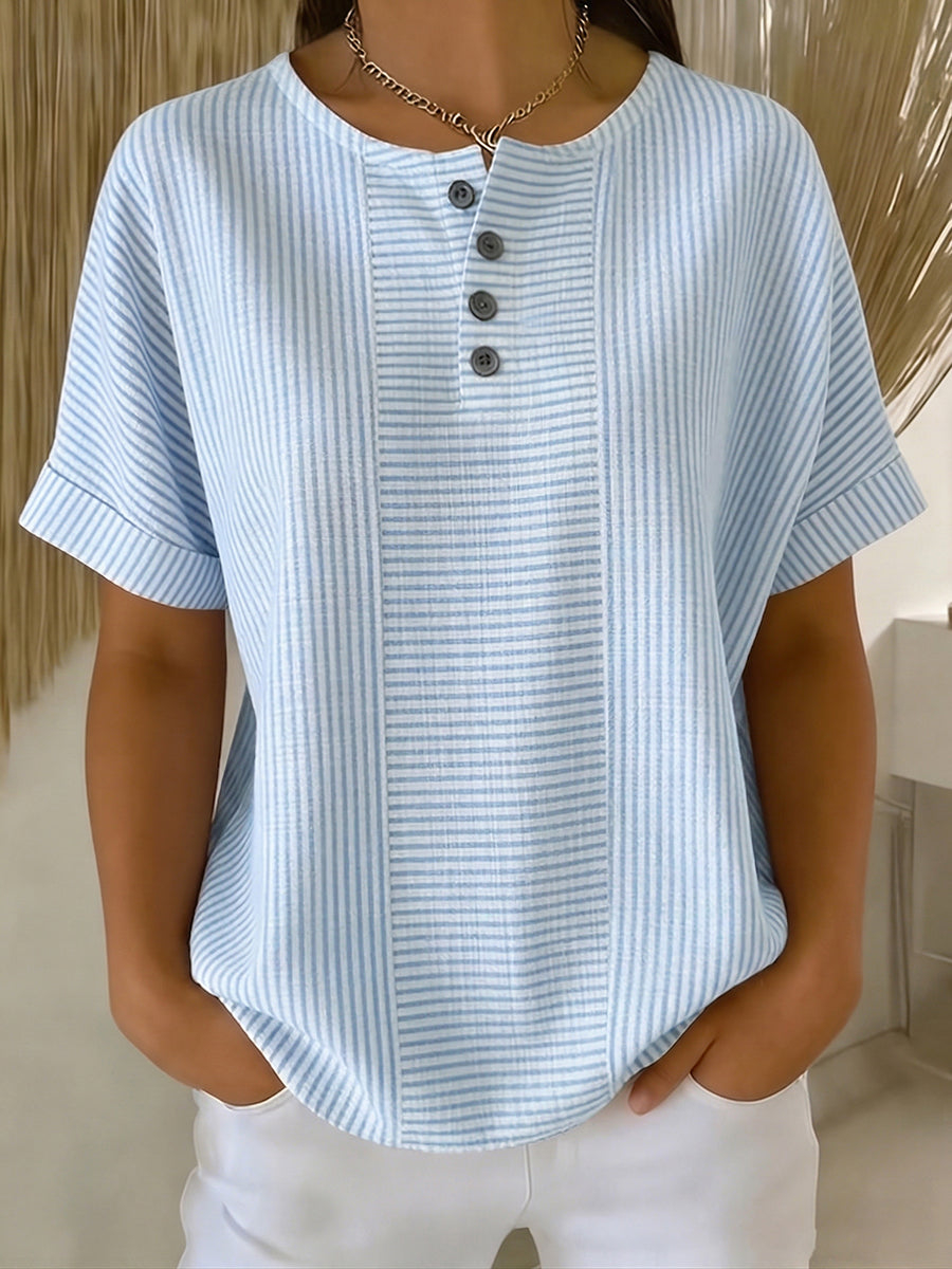 Women's Linen Short Sleeve Henley Shirt Top