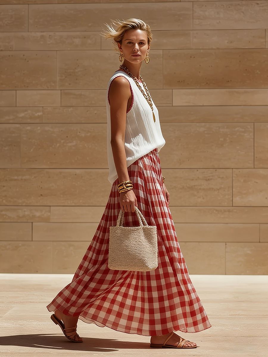Women's Linen Gingham Sleeveless Top and High Waist Maxi Skirt Set