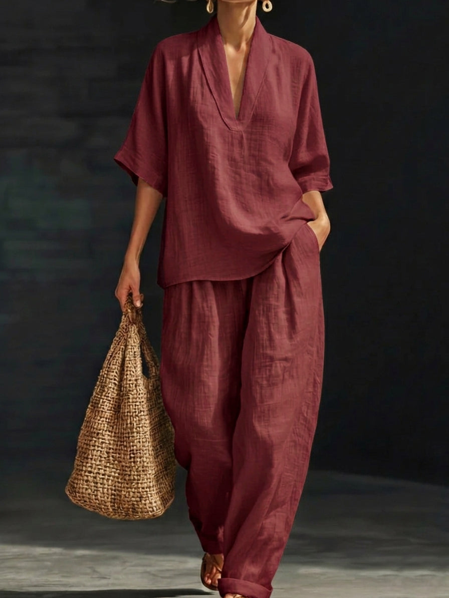 Women's Linen Two Piece Set V Neck Short Sleeve Top and Wide Leg Trousers
