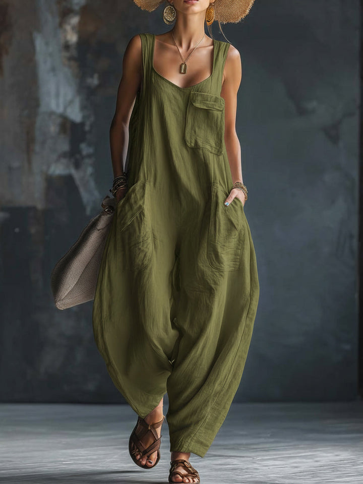 Women's Linen Jumpsuit Loose Fit Sleeveless Harem Dungarees Play-suit