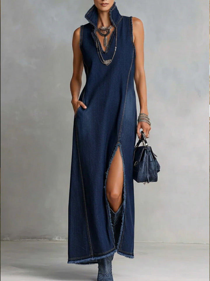 Women's High Neck Sleeveless Denim Maxi Dress with Split Hem