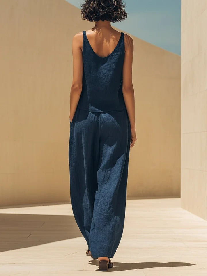 Linen Sleeveless Wide Leg Jumpsuit for Women
