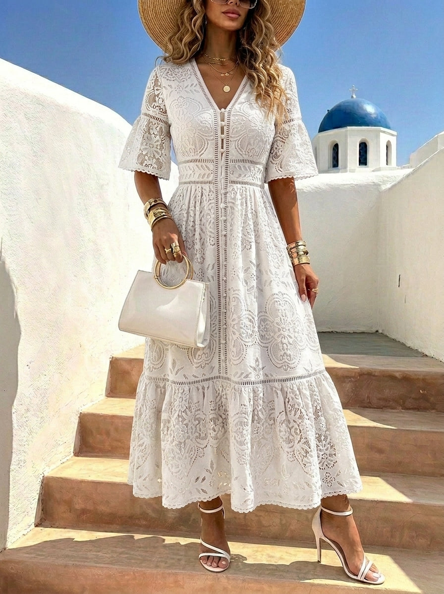 Women's Lace Trim Linen-Blend 3/4-Sleeve Maxi Shirt Dress